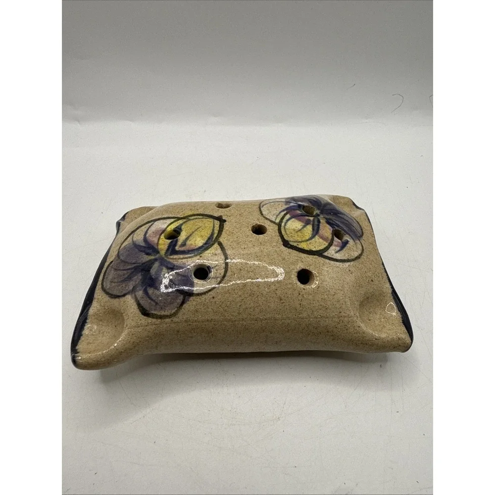Vintage Pottery Pillow Flower Frog Hand Painted Pansy Floral 5